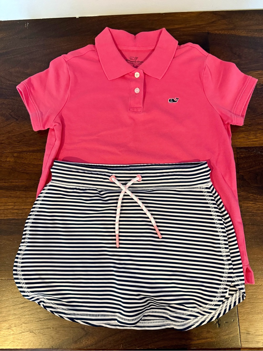 Vineyard Vines Pink Polo with Navy & White Striped Skirt